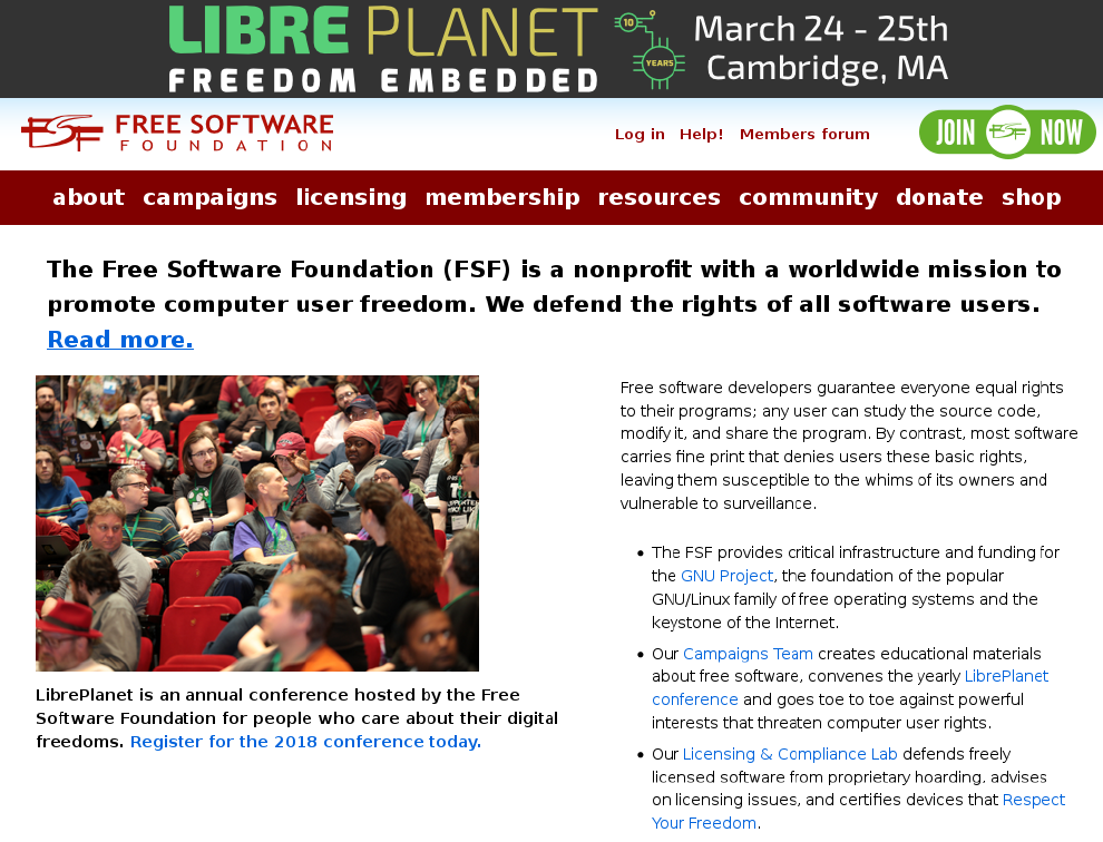 Page d’accueil de la Free Software Fondation http://fsf.org